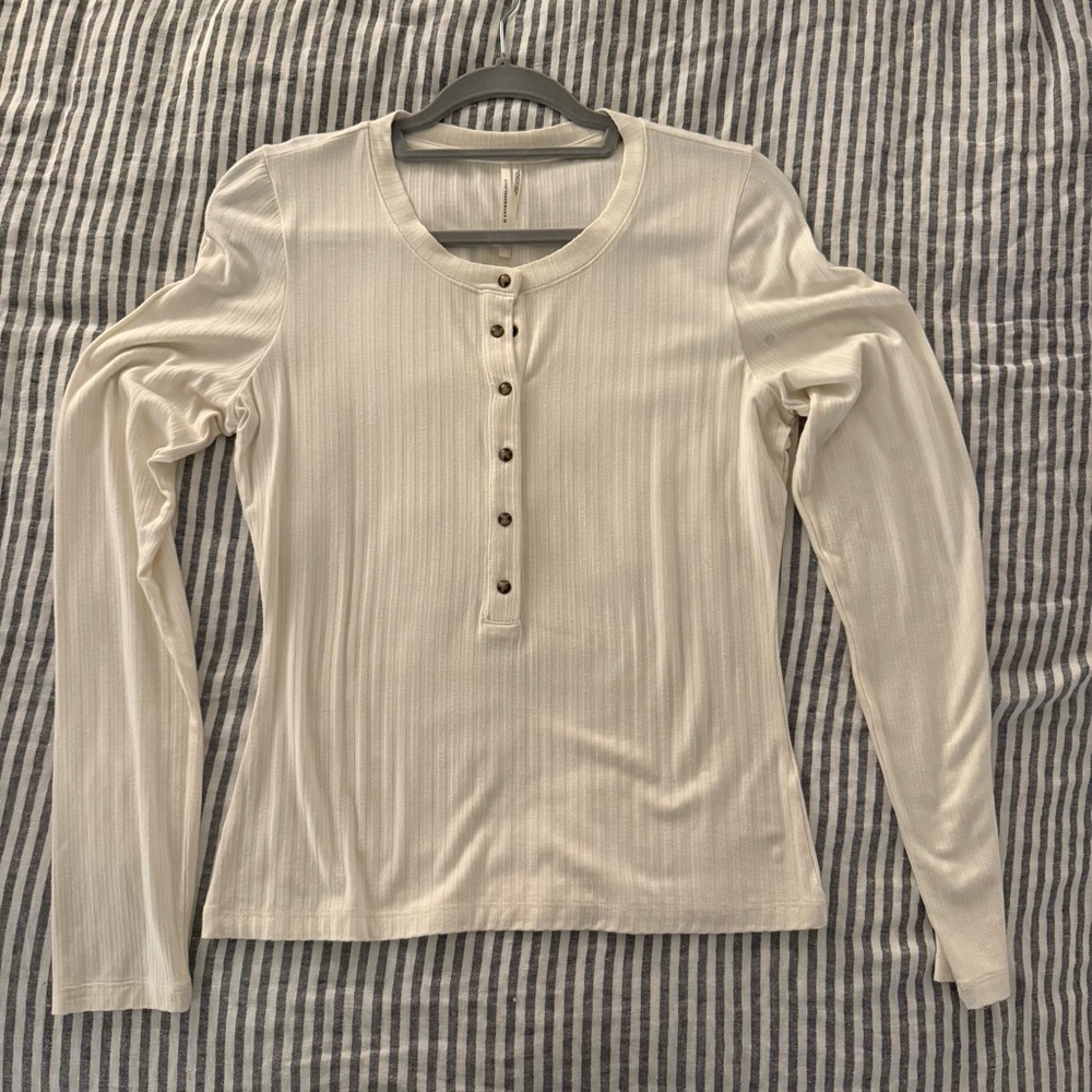 Anthropologie Cream Button-Front Long Sleeve Top